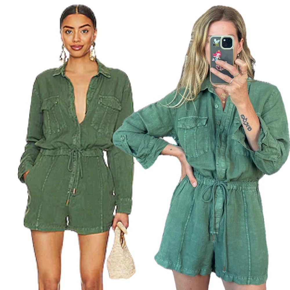 NWT Revolve’s YFB Green Linen Blend Button Utility Lakeside Romper Playsuit